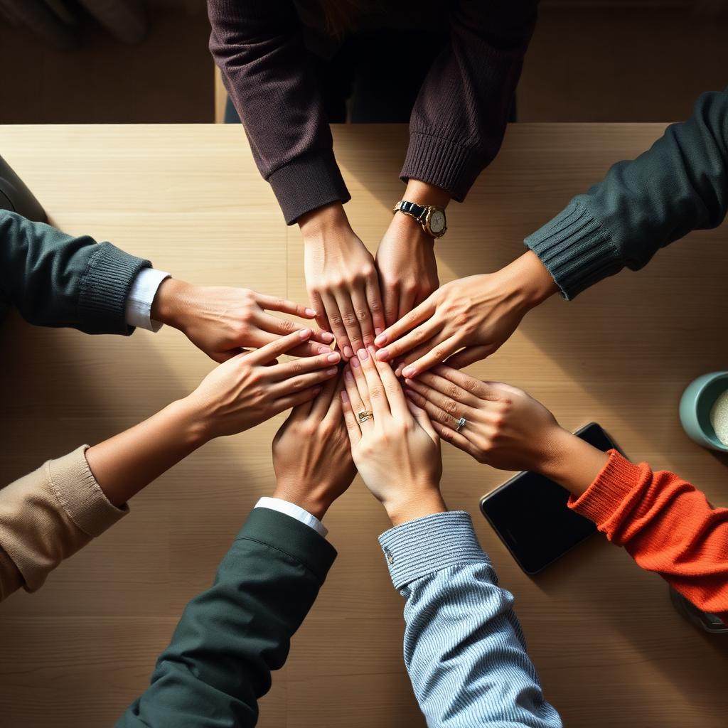 Team hands together in a warm office setting