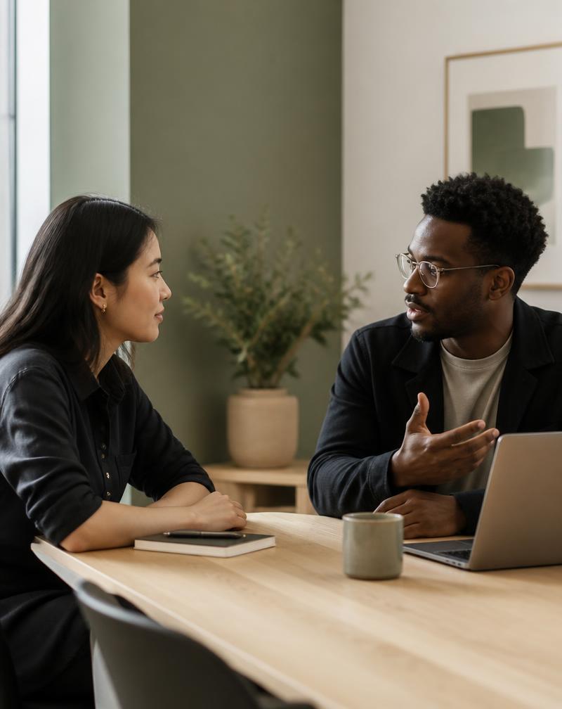 Two professionals collaborating in a warm modern office